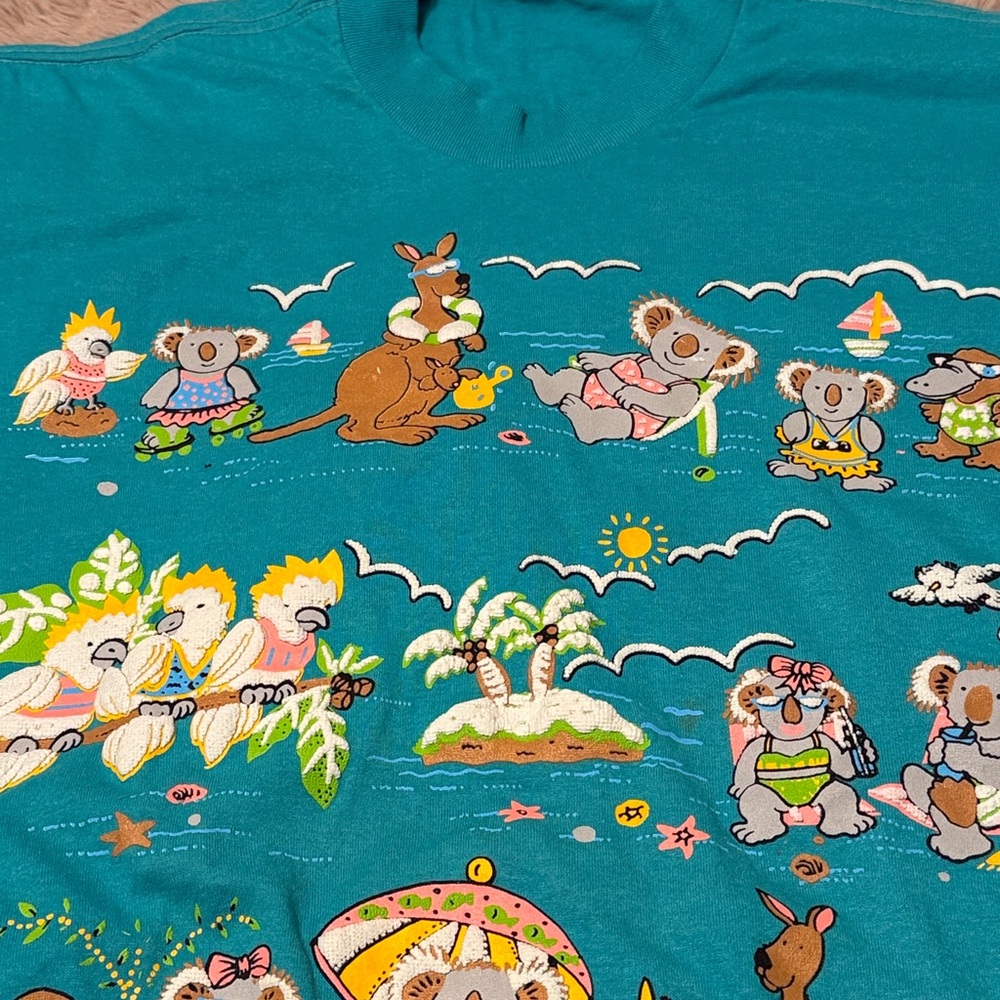 Vintage Teal 90s Australia Wildlife Animals at the Beach Retro Puff Print Tee - Picture 3 of 11